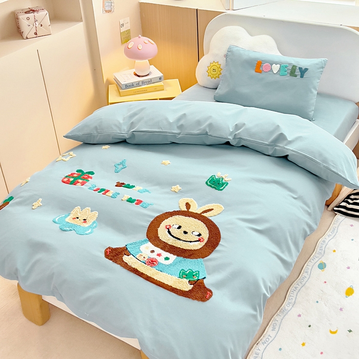 91家纺网 家纺一手货源 找家纺 梵赫2025新款全棉A类5050磨毛卡通毛巾绣婴童套件幼儿园三件套 小兔兔