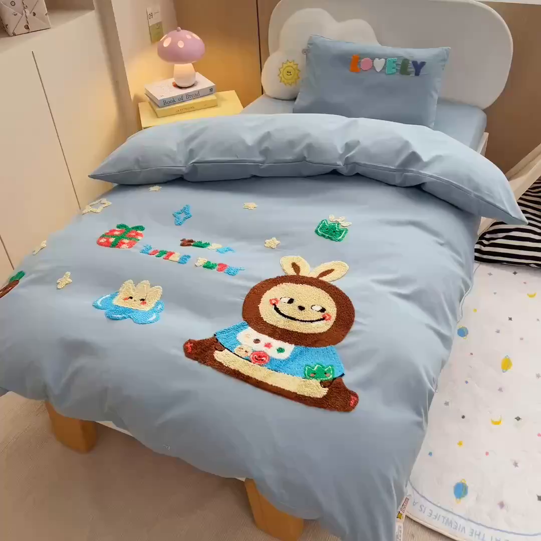 91家纺网 家纺一手货源 找家纺 梵赫2025新款全棉A类5050磨毛卡通毛巾绣婴童套件幼儿园三件套 小兔兔