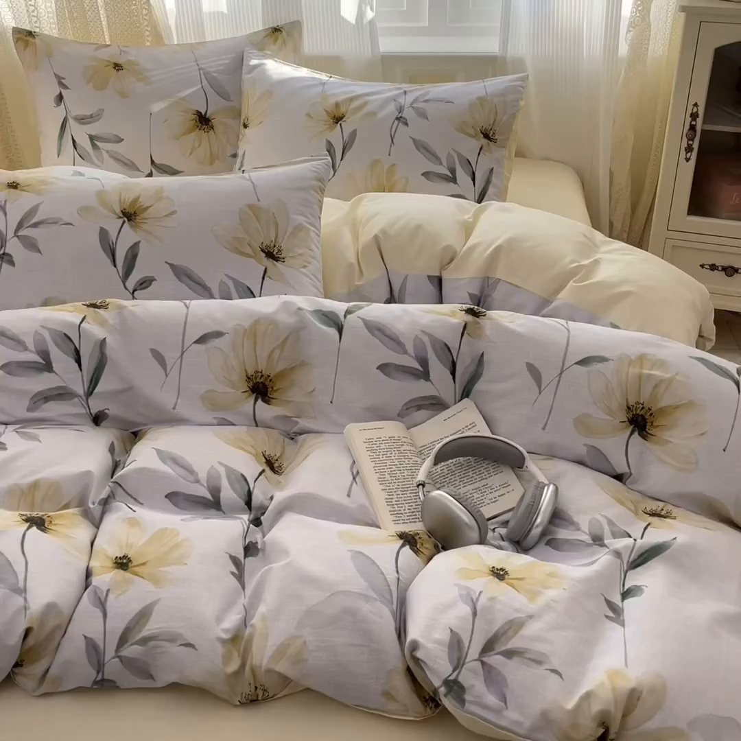 91家纺网 家纺一手货源 找家纺 麦田家纺 2025新款花卉全棉印花四件套系列 轻舞花影