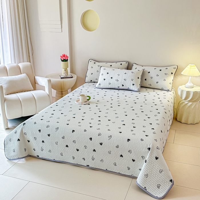91家纺网 家纺一手货源 找家纺 麦田家纺 2025新款针织棉双层纱印花双面床盖 心相印-灰