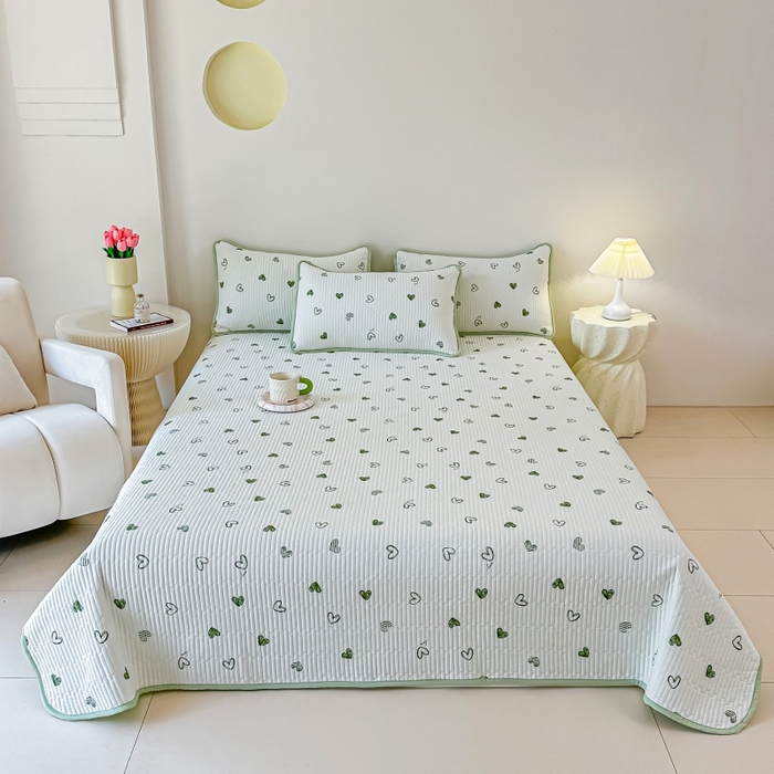 91家纺网 家纺一手货源 找家纺 麦田家纺 2025新款针织棉双层纱印花双面床盖 心相印-绿
