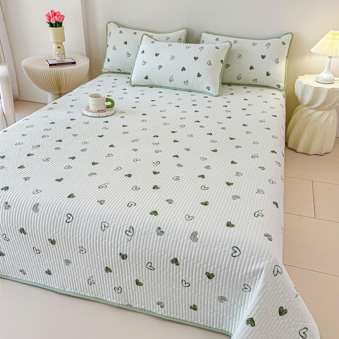 91家纺网 家纺一手货源 找家纺 麦田家纺 2025新款针织棉双层纱印花双面床盖 心相印-绿