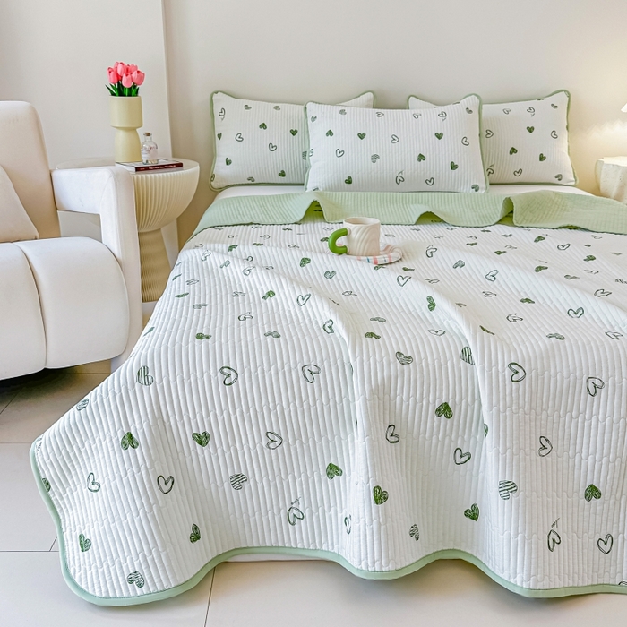 91家纺网 家纺一手货源 找家纺 麦田家纺 2025新款针织棉双层纱印花双面床盖 心相印-绿