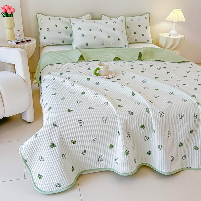 91家纺网 家纺一手货源 找家纺 麦田家纺 2025新款针织棉双层纱印花双面床盖 心相印-绿