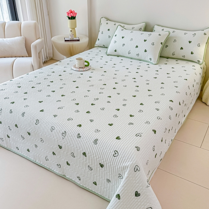 91家纺网 家纺一手货源 找家纺 麦田家纺 2025新款针织棉双层纱印花双面床盖 心相印-绿