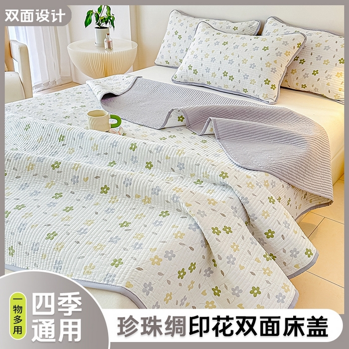 麦田家纺 2025新款珍珠绸印花双面床盖 朵朵花林-雅韵灰