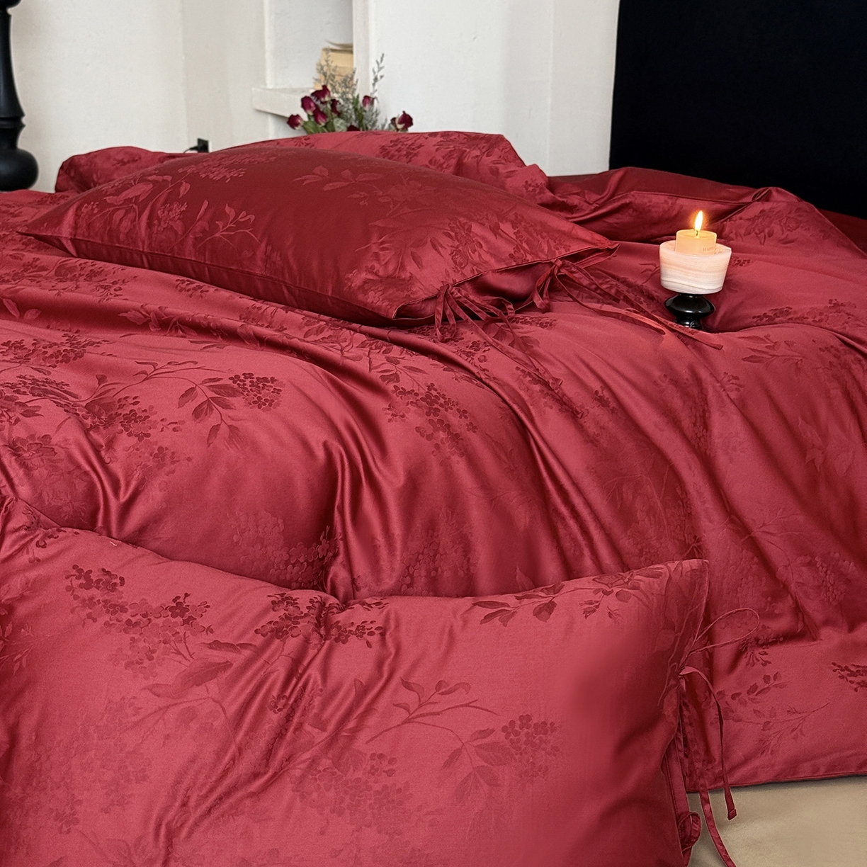 91家纺网 家纺一手货源 找家纺 鹿班家居 2025新款秋冬款100S长绒棉精美提花系列四件套-春和景明 红色