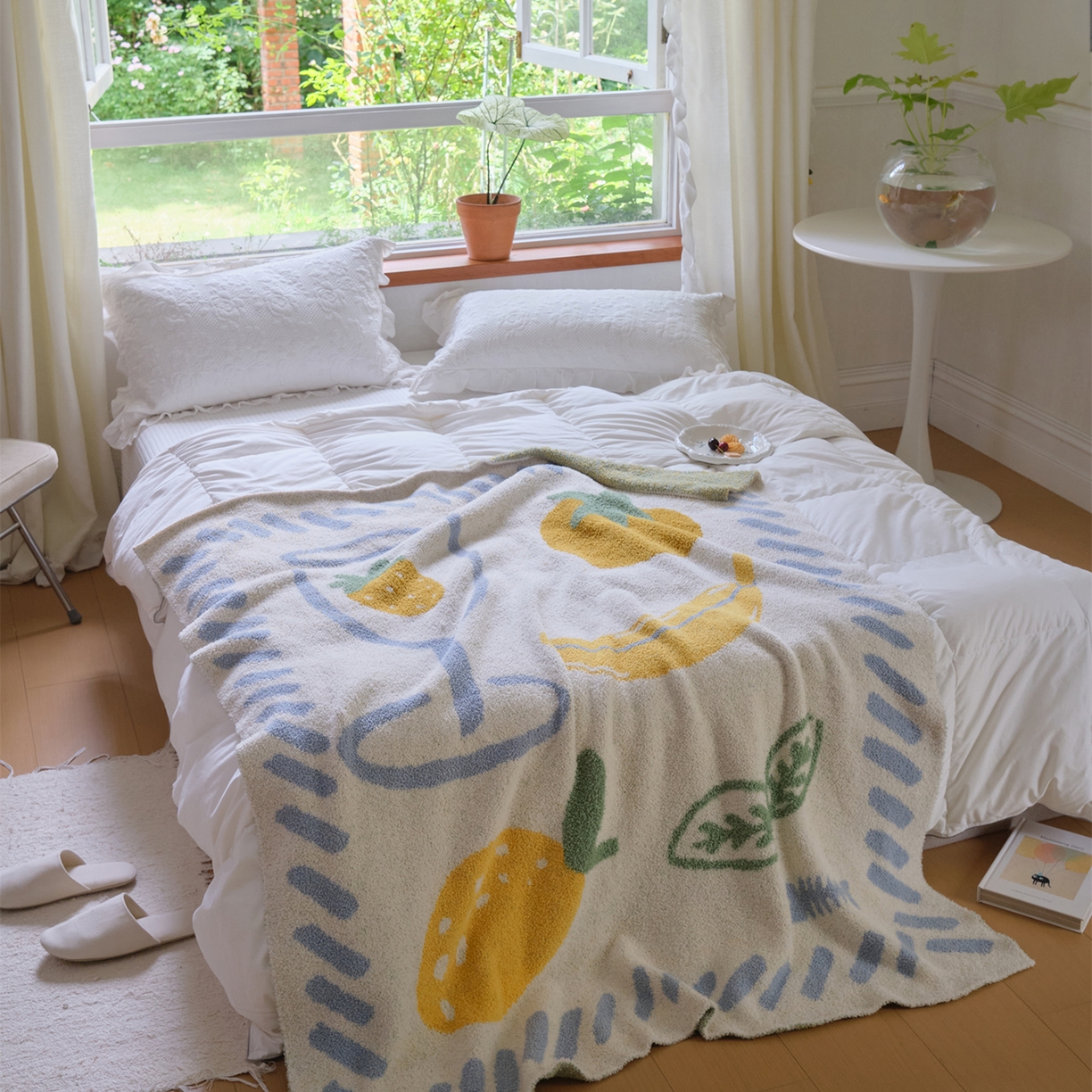 91家纺网 家纺一手货源 找家纺 暖绵绵家纺 2025新款A类半边绒清新水果盖毯-夏维希 夏维希-蓝色