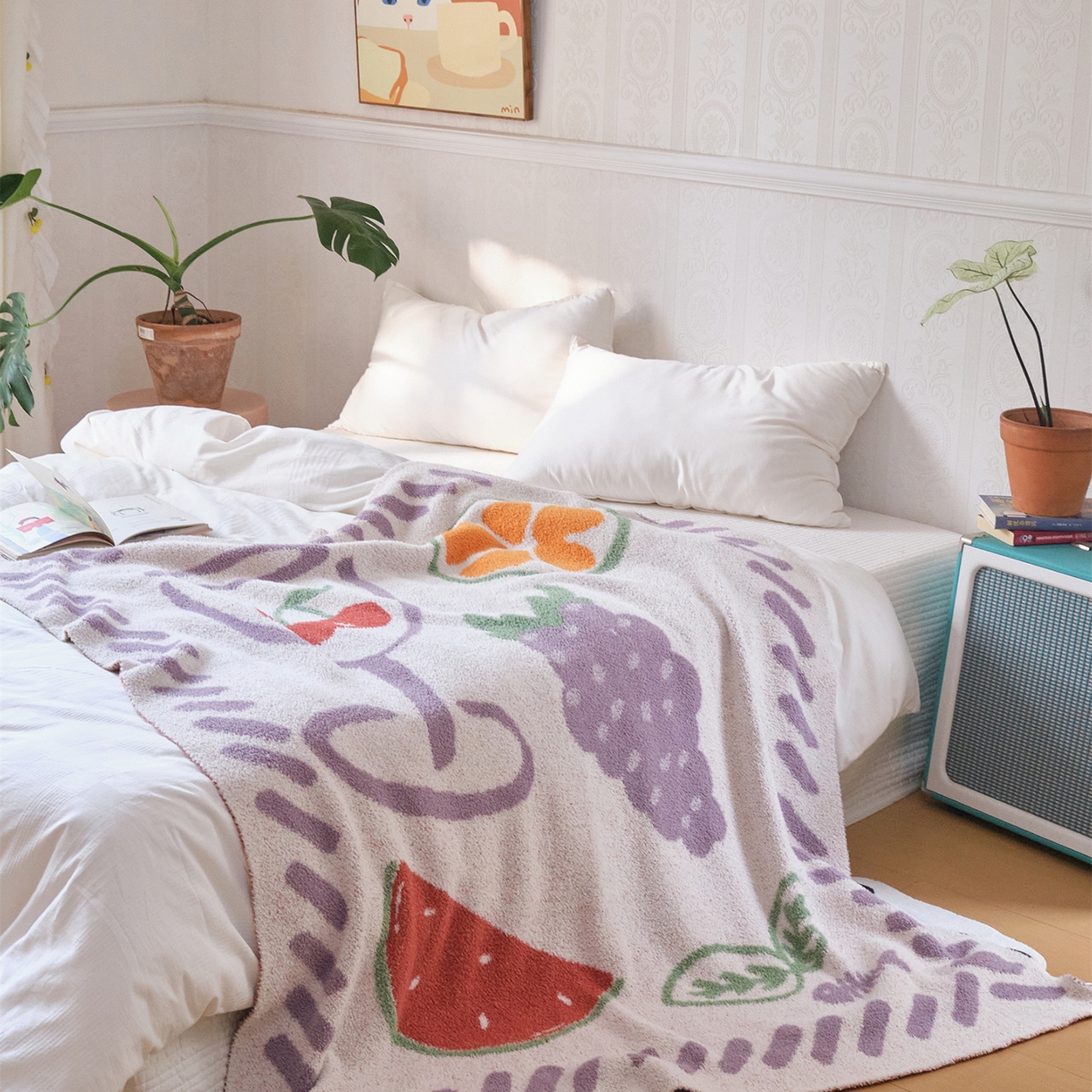 91家纺网 家纺一手货源 找家纺 暖绵绵家纺 2025新款A类半边绒清新水果盖毯-夏维希 夏维希-紫色