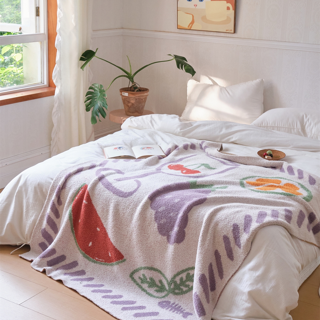 91家纺网 家纺一手货源 找家纺 暖绵绵家纺 2025新款A类半边绒清新水果盖毯-夏维希 夏维希-紫色