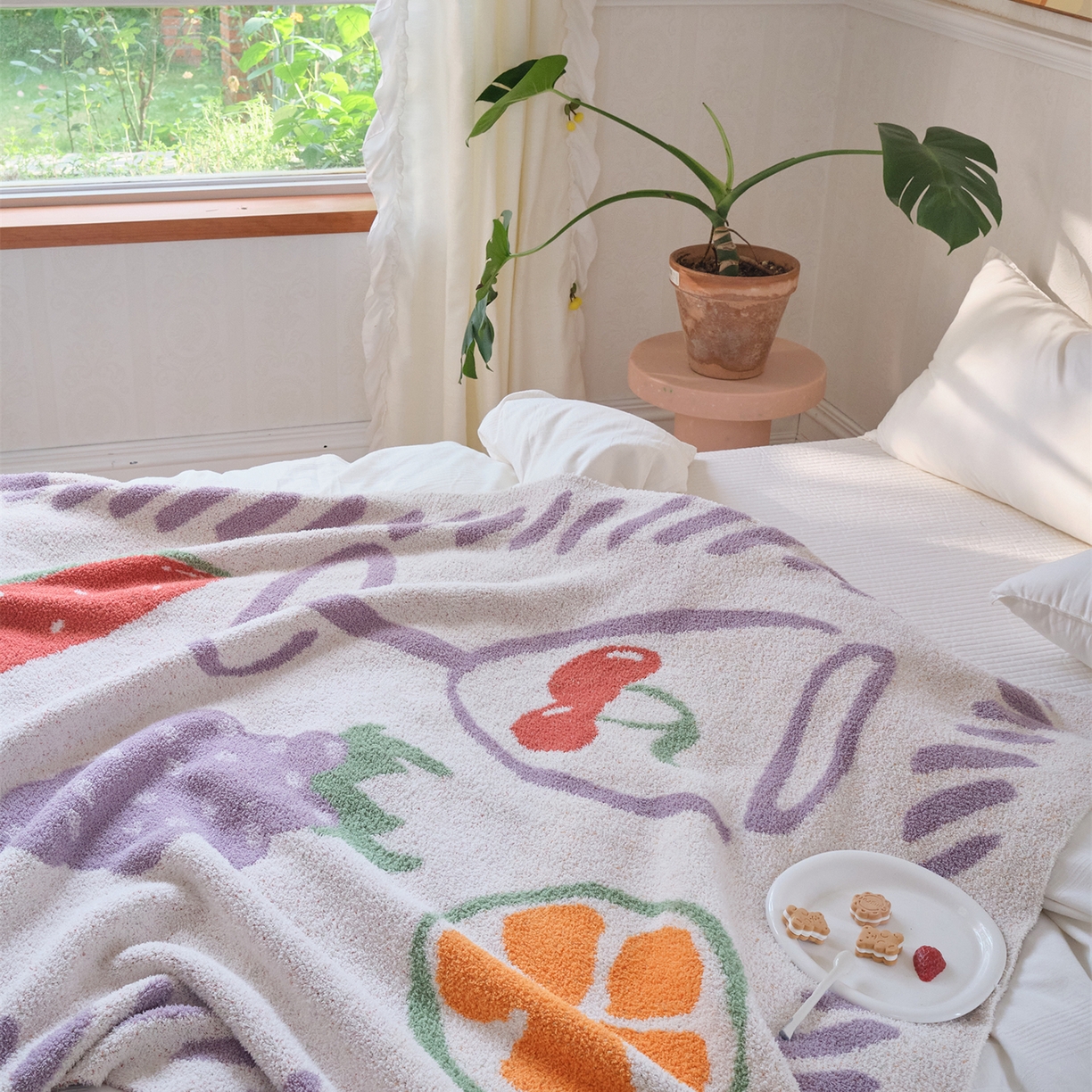 91家纺网 家纺一手货源 找家纺 暖绵绵家纺 2025新款A类半边绒清新水果盖毯-夏维希 夏维希-紫色