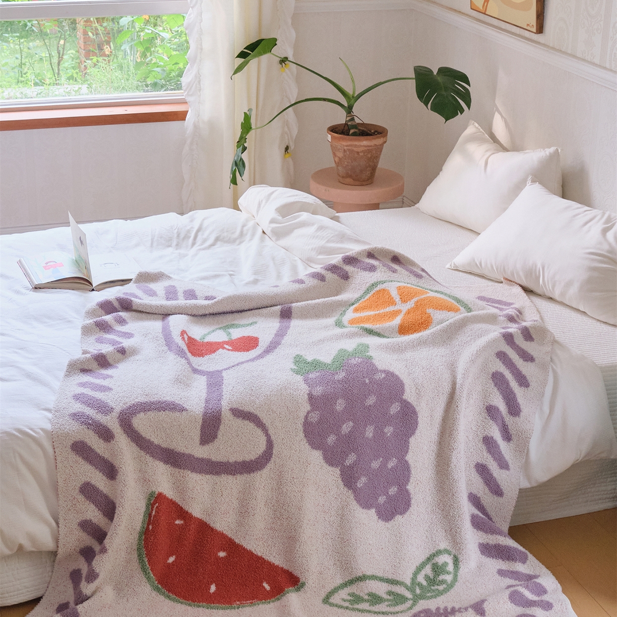 91家纺网 家纺一手货源 找家纺 暖绵绵家纺 2025新款A类半边绒清新水果盖毯-夏维希 夏维希-紫色