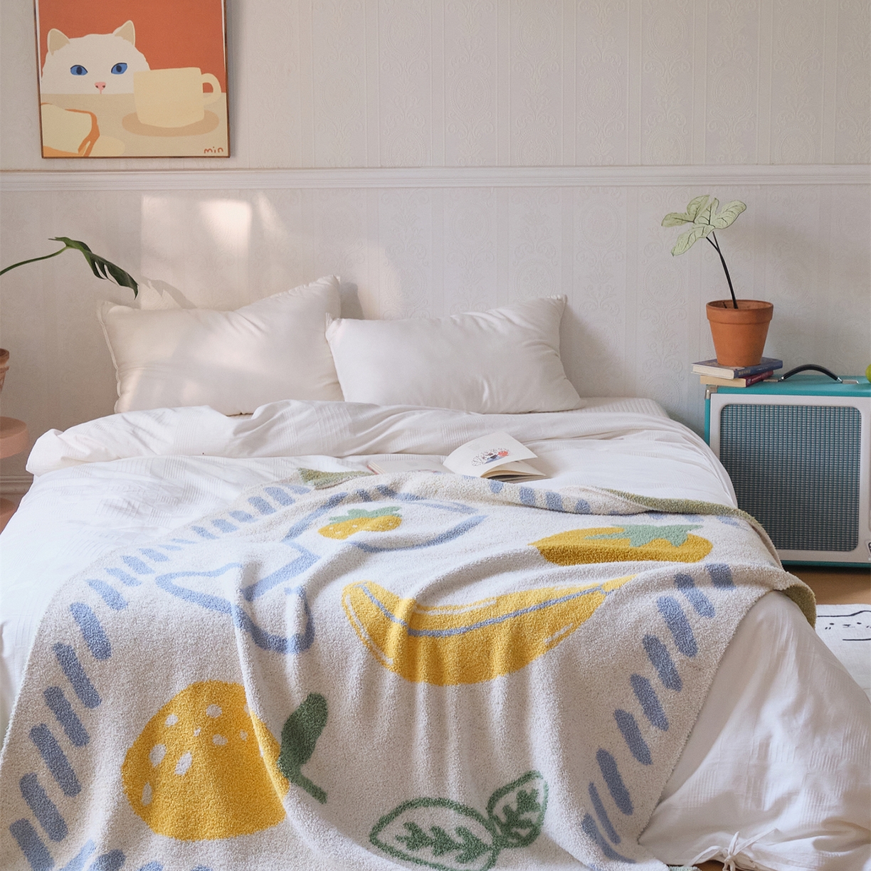 91家纺网 家纺一手货源 找家纺 暖绵绵家纺 2025新款A类半边绒清新水果盖毯-夏维希 夏维希-蓝色