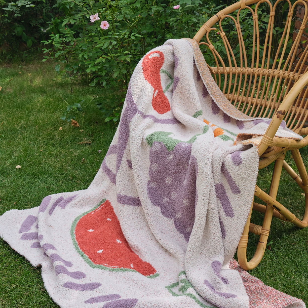 91家纺网 家纺一手货源 找家纺 暖绵绵家纺 2025新款A类半边绒清新水果盖毯-夏维希 夏维希-紫色