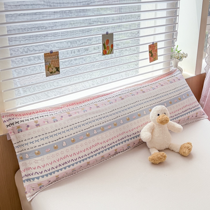 麦田家纺 2025新款云感木棉皱皱双层纱长枕 开心小熊