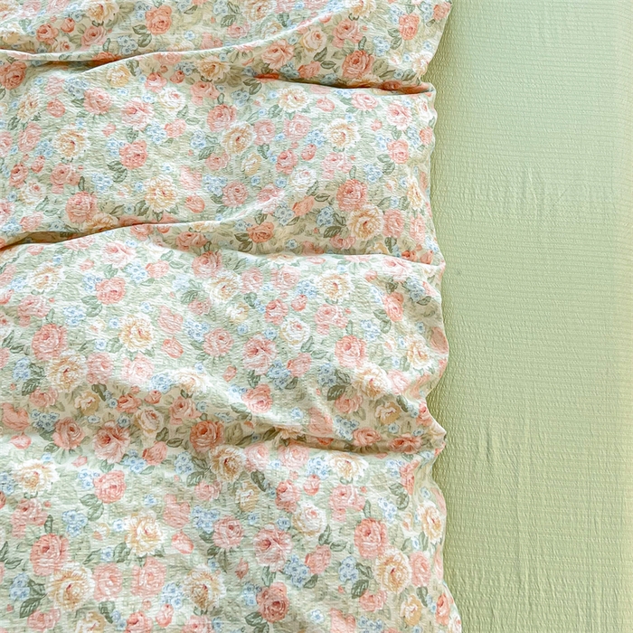 91家纺网 家纺一手货源 找家纺 麦田家纺 2025新款A类云感木棉皱皱双层纱印花四件套 春意浓