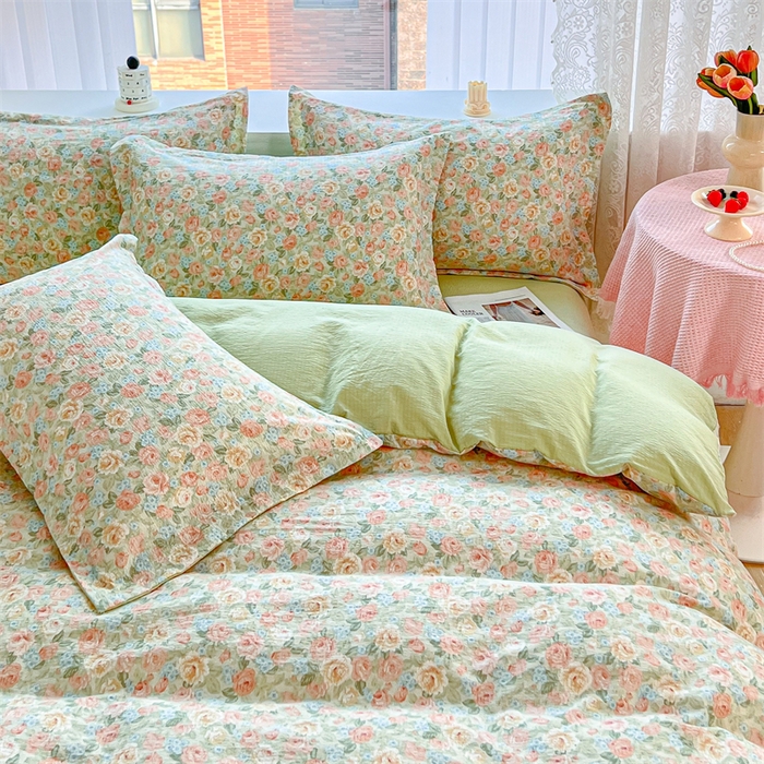 91家纺网 家纺一手货源 找家纺 麦田家纺 2025新款A类云感木棉皱皱双层纱印花四件套 春意浓