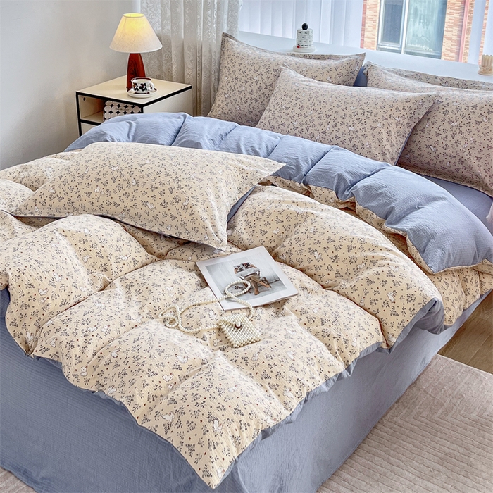 91家纺网 家纺一手货源 找家纺 麦田家纺 2025新款A类云感木棉皱皱双层纱印花四件套 免挽星辰