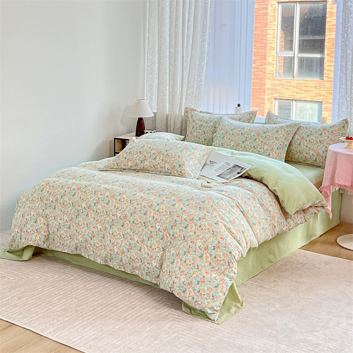 91家纺网 家纺一手货源 找家纺 麦田家纺 2025新款A类云感木棉皱皱双层纱印花四件套 春意浓