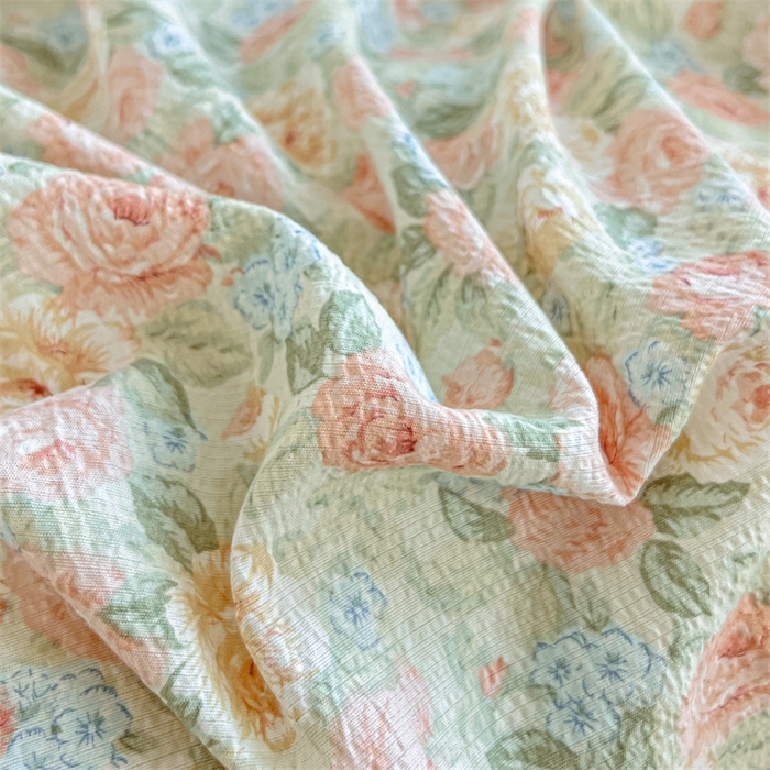 91家纺网 家纺一手货源 找家纺 麦田家纺 2025新款A类云感木棉皱皱双层纱印花四件套 春意浓