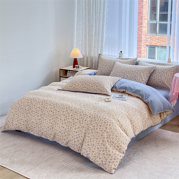 91家纺网 家纺一手货源 找家纺 麦田家纺 2025新款A类云感木棉皱皱双层纱印花四件套 免挽星辰