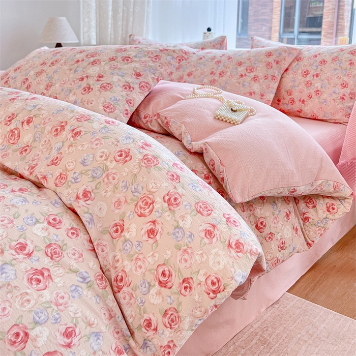 91家纺网 家纺一手货源 找家纺 （总）麦田家纺 2025新款A类云感木棉皱皱双层纱印花四件套