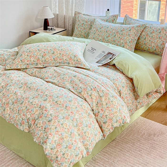 91家纺网 家纺一手货源 找家纺 麦田家纺 2025新款A类云感木棉皱皱双层纱印花四件套 春意浓