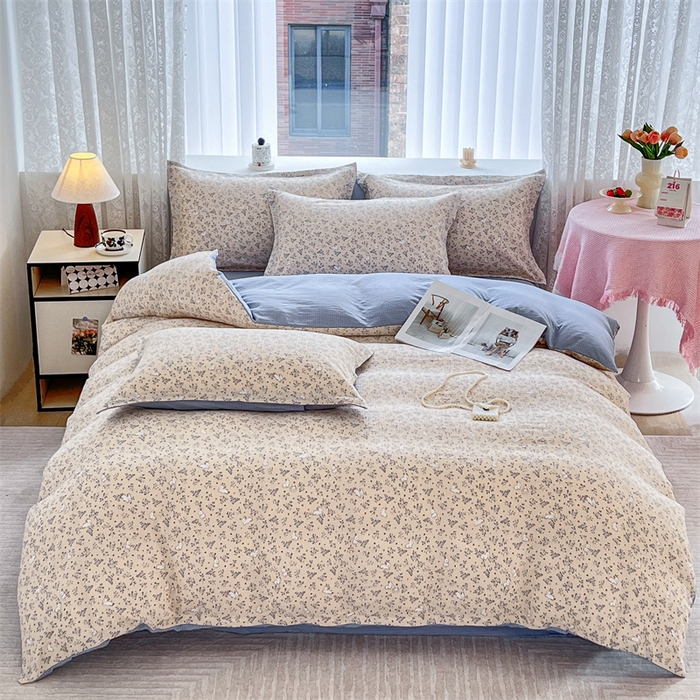 91家纺网 家纺一手货源 找家纺 麦田家纺 2025新款A类云感木棉皱皱双层纱印花四件套 免挽星辰