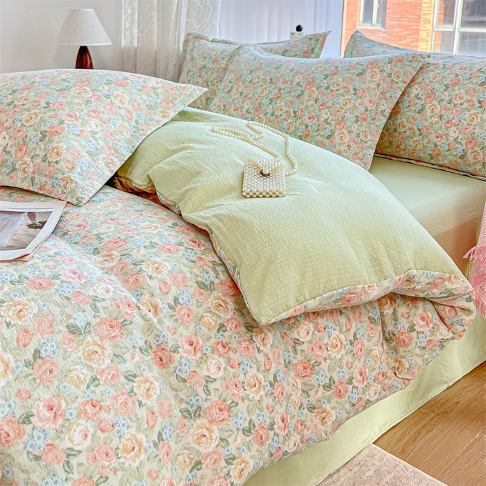 91家纺网 家纺一手货源 找家纺 （总）麦田家纺 2025新款A类云感木棉皱皱双层纱印花四件套