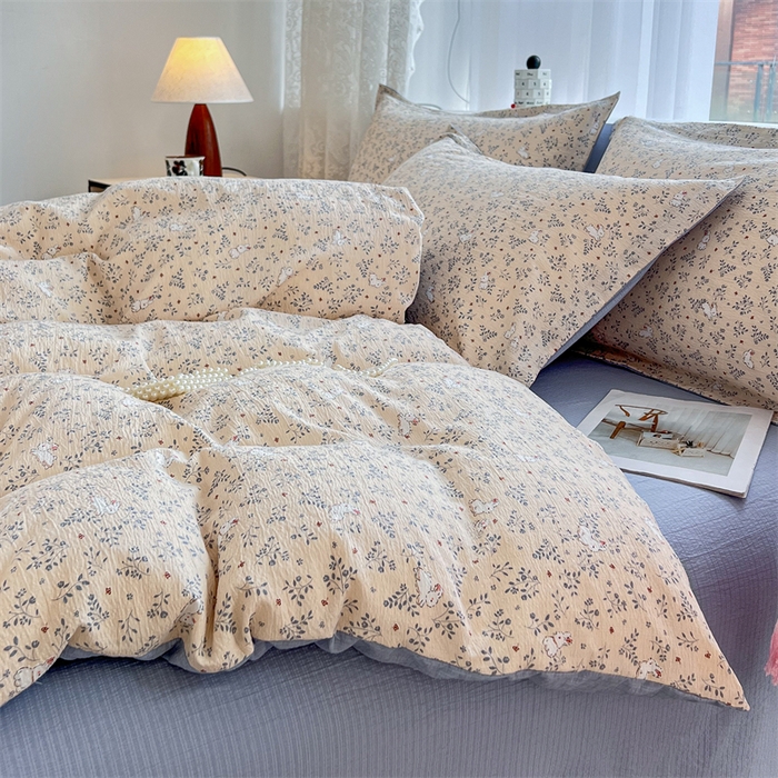 91家纺网 家纺一手货源 找家纺 麦田家纺 2025新款A类云感木棉皱皱双层纱印花四件套 免挽星辰