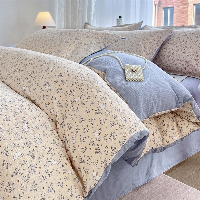 91家纺网 家纺一手货源 找家纺 （总）麦田家纺 2025新款A类云感木棉皱皱双层纱印花四件套