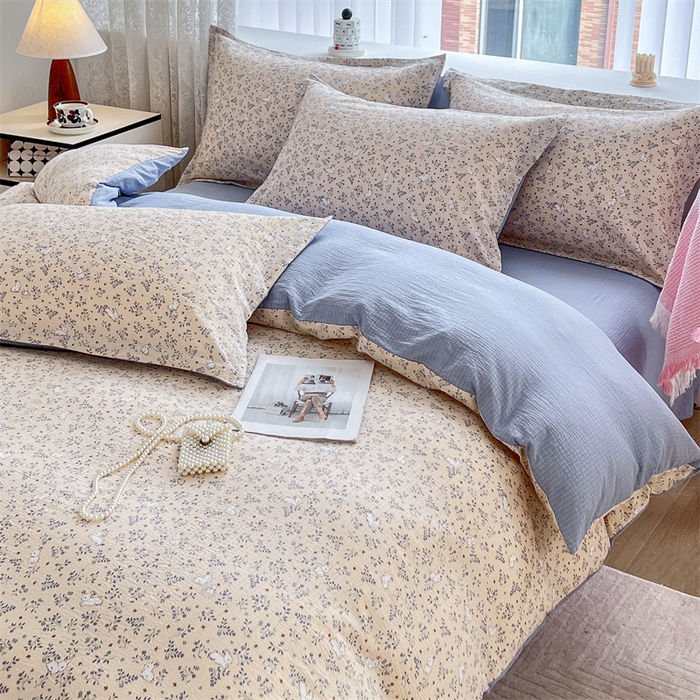 91家纺网 家纺一手货源 找家纺 麦田家纺 2025新款A类云感木棉皱皱双层纱印花四件套 免挽星辰