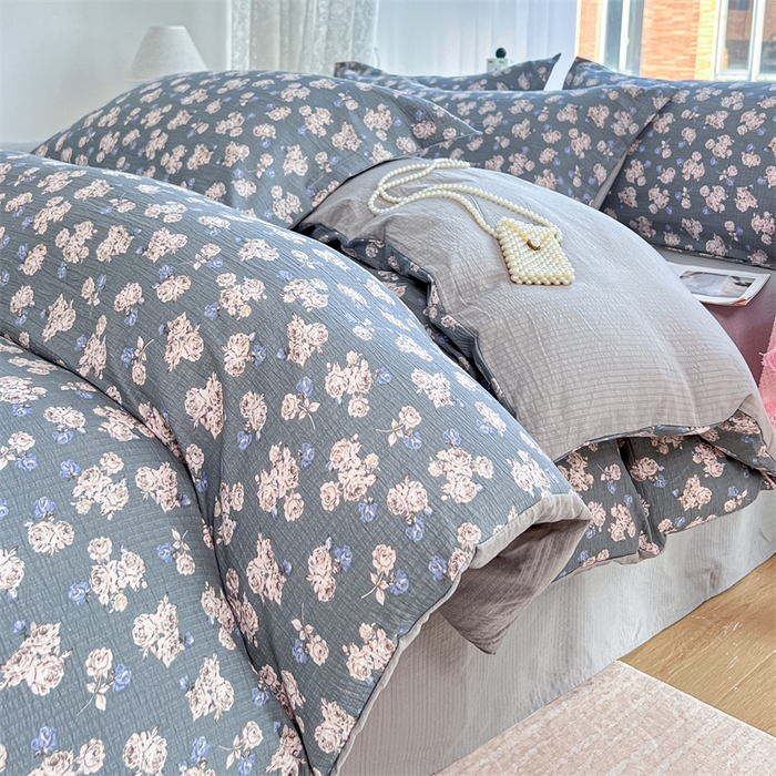 91家纺网 家纺一手货源 找家纺 （总）麦田家纺 2025新款A类云感木棉皱皱双层纱印花四件套