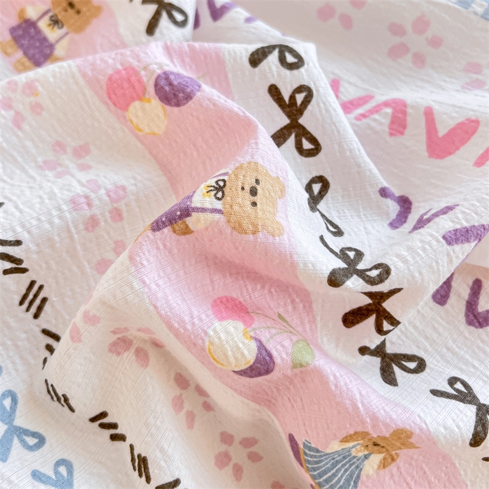 91家纺网 家纺一手货源 找家纺 麦田家纺 2025新款A类云感木棉皱皱双层纱印花四件套 开心小熊