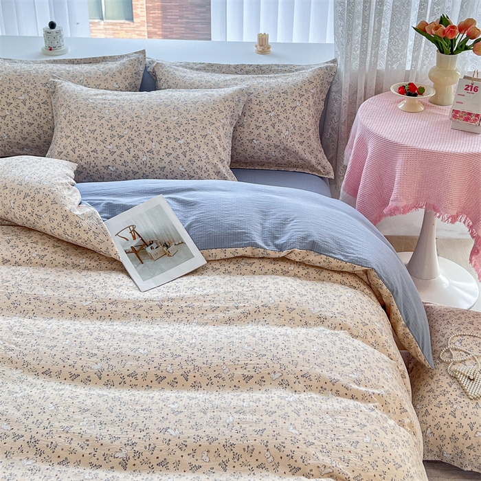 91家纺网 家纺一手货源 找家纺 麦田家纺 2025新款A类云感木棉皱皱双层纱印花四件套 免挽星辰