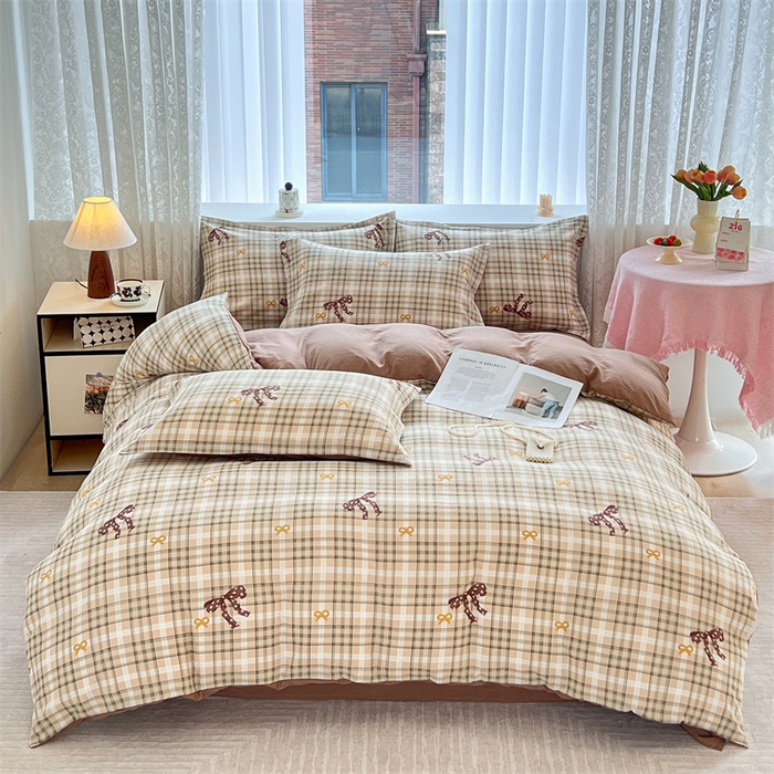 91家纺网 家纺一手货源 找家纺 麦田家纺 2025新款A类云感木棉皱皱双层纱印花四件套 甜心格