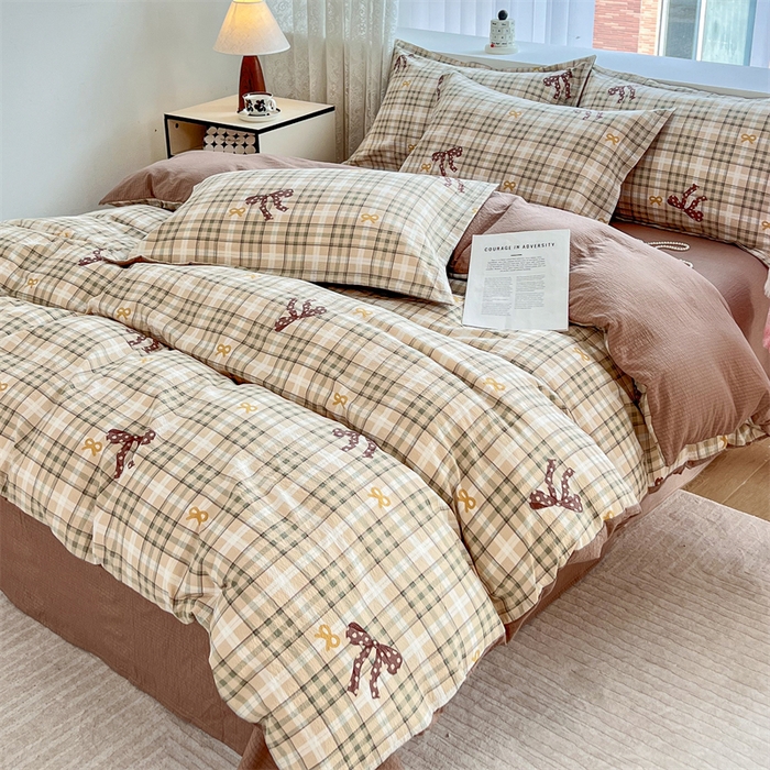 91家纺网 家纺一手货源 找家纺 麦田家纺 2025新款A类云感木棉皱皱双层纱印花四件套 甜心格