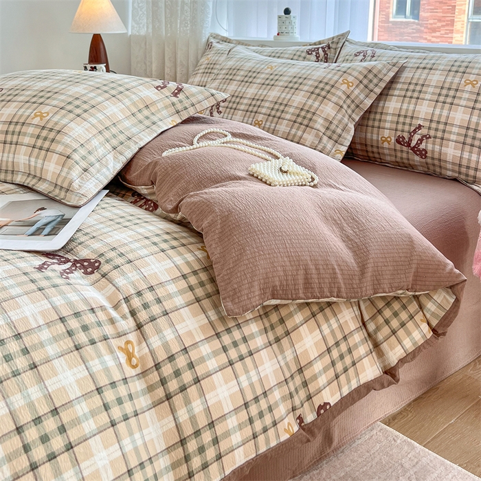 91家纺网 家纺一手货源 找家纺 麦田家纺 2025新款A类云感木棉皱皱双层纱印花四件套 甜心格