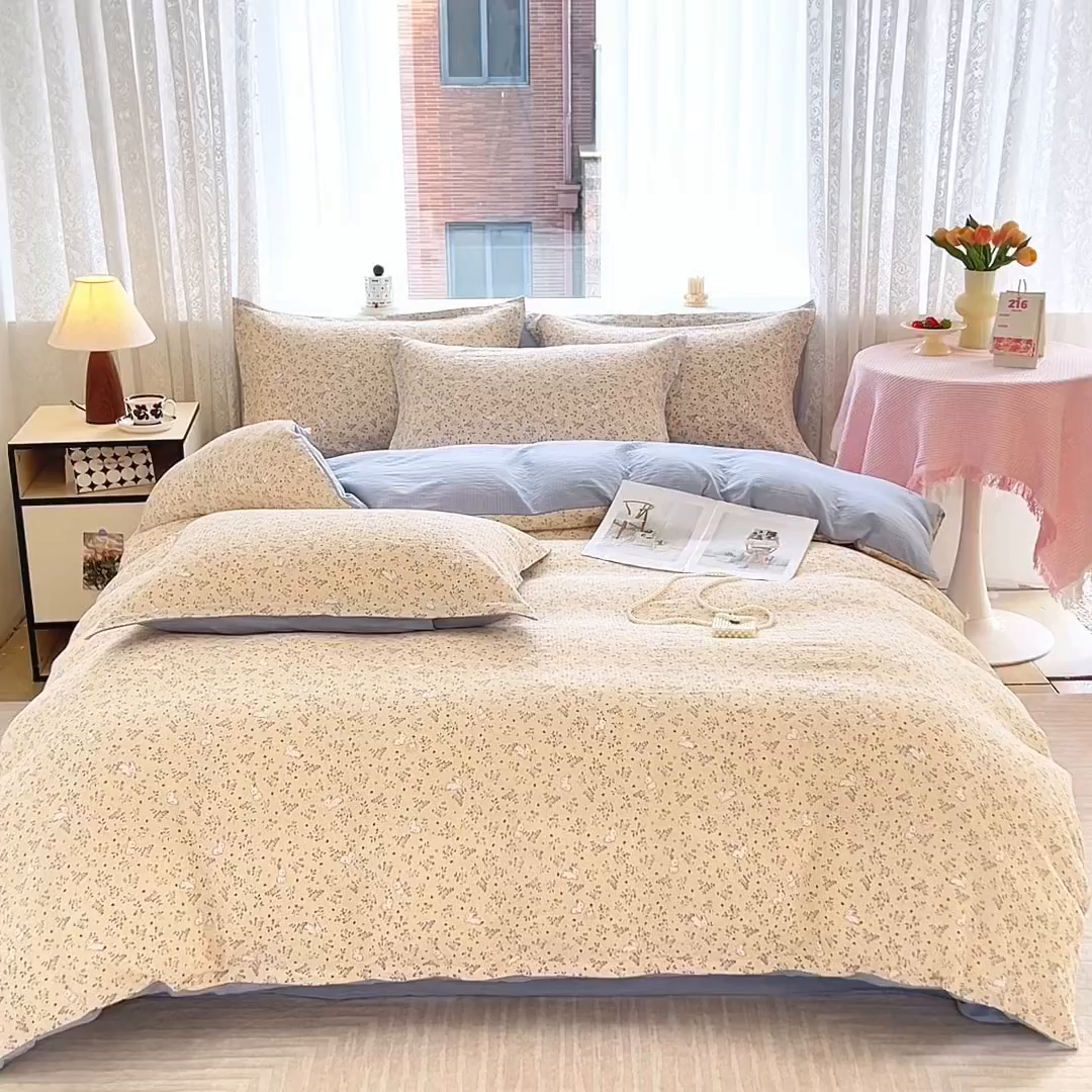 91家纺网 家纺一手货源 找家纺 麦田家纺 2025新款A类云感木棉皱皱双层纱印花四件套 免挽星辰