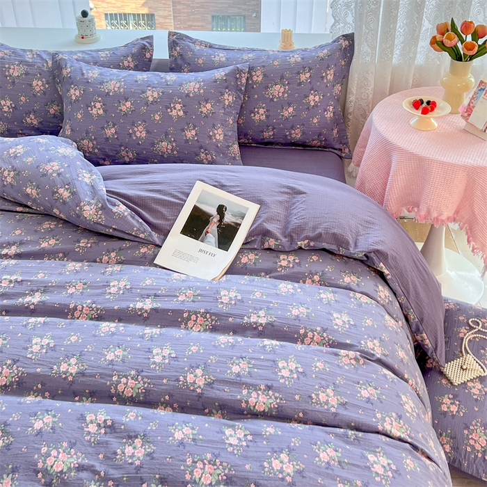 91家纺网 家纺一手货源 找家纺 麦田家纺 2025新款A类云感木棉皱皱双层纱印花四件套 紫韵