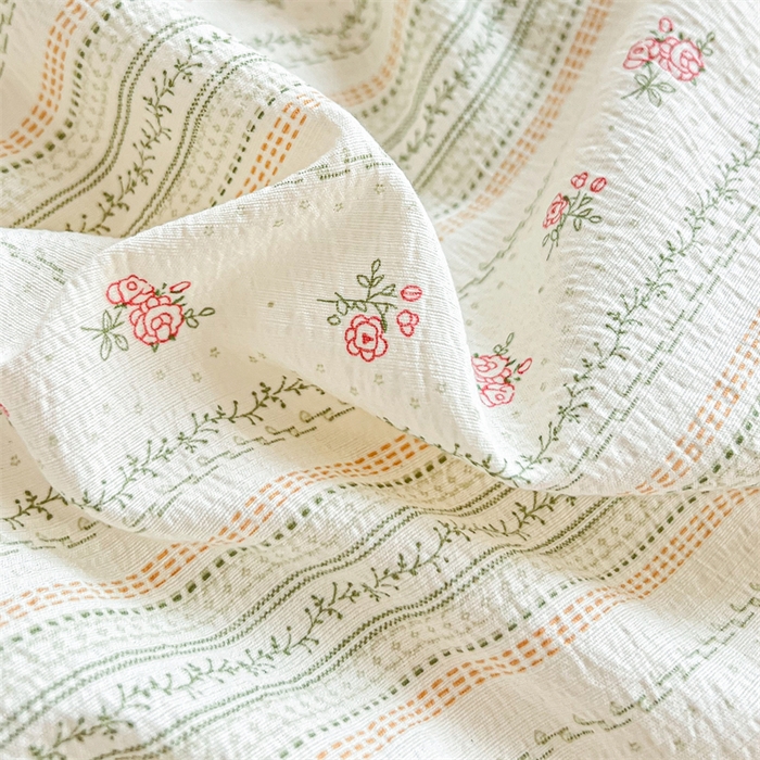 91家纺网 家纺一手货源 找家纺 麦田家纺 2025新款A类云感木棉皱皱双层纱印花四件套 花颜