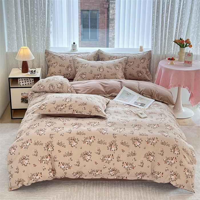 91家纺网 家纺一手货源 找家纺 麦田家纺 2025新款A类云感木棉皱皱双层纱印花四件套 简意