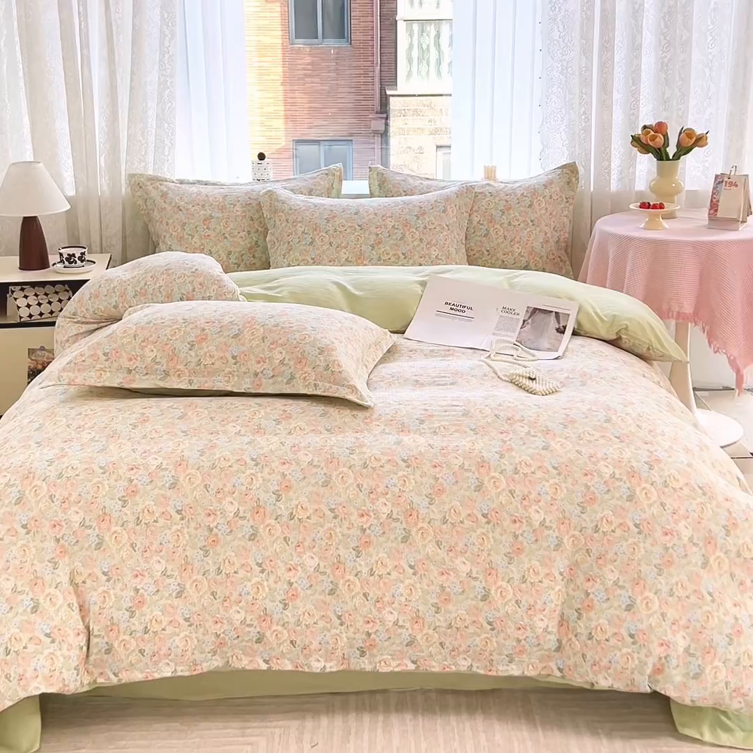 91家纺网 家纺一手货源 找家纺 麦田家纺 2025新款A类云感木棉皱皱双层纱印花四件套 春意浓