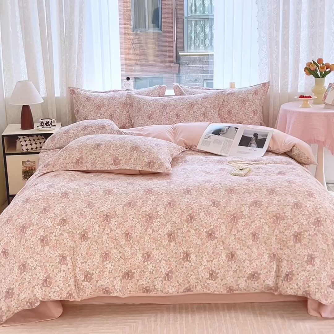 91家纺网 家纺一手货源 找家纺 麦田家纺 2025新款A类云感木棉皱皱双层纱印花四件套 繁花