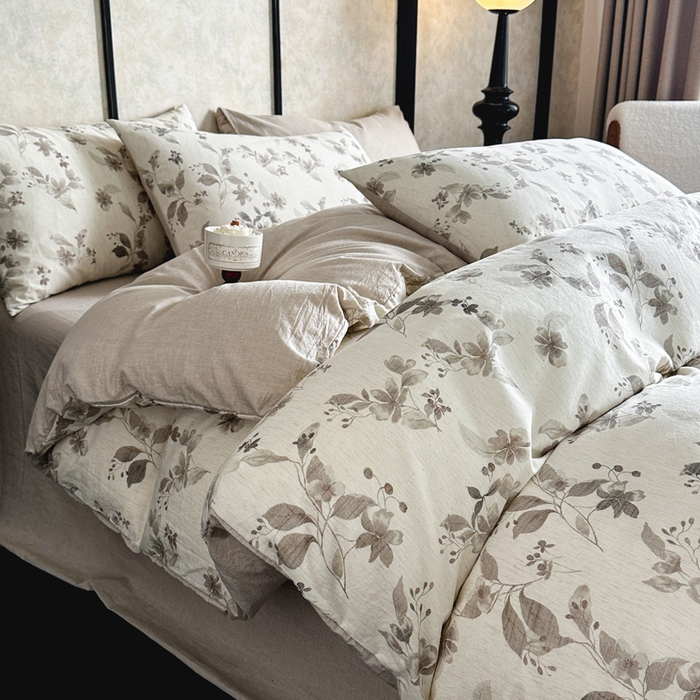 91家纺网 家纺一手货源 找家纺 麦田家纺 2025新款A类棉麻四件套系列 花间意境-咖