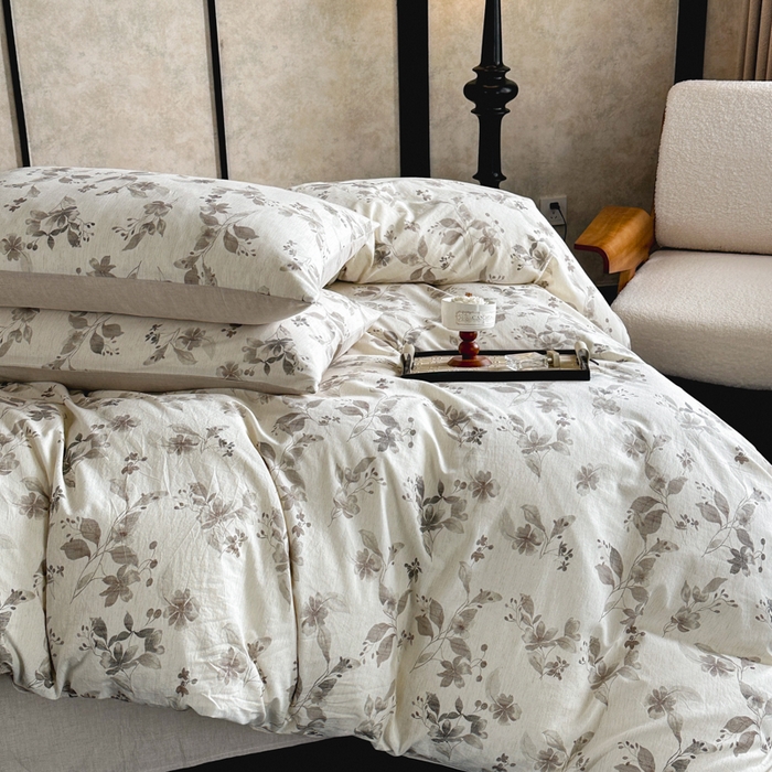 91家纺网 家纺一手货源 找家纺 麦田家纺 2025新款A类棉麻四件套系列 花间意境-咖