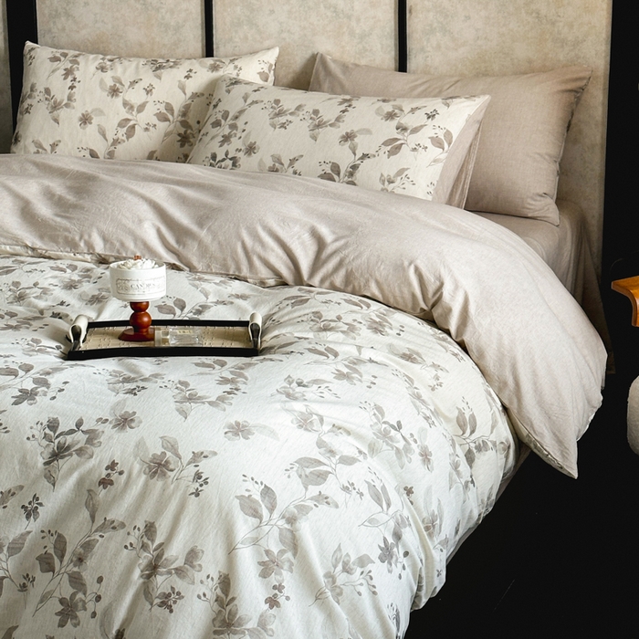 91家纺网 家纺一手货源 找家纺 麦田家纺 2025新款A类棉麻四件套系列 花间意境-咖