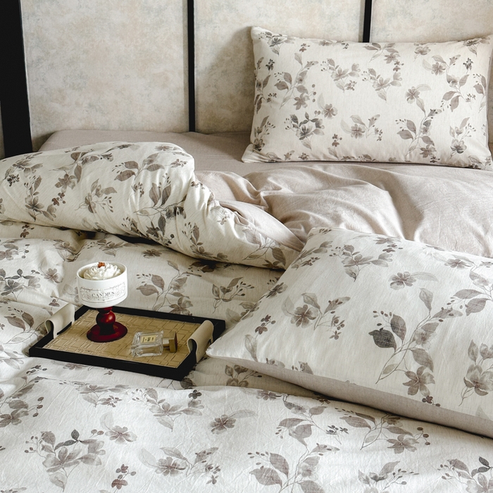 91家纺网 家纺一手货源 找家纺 麦田家纺 2025新款A类棉麻四件套系列 花间意境-咖