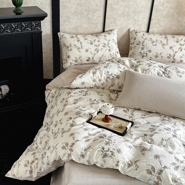 91家纺网 家纺一手货源 找家纺 麦田家纺 2025新款A类棉麻四件套系列 花间意境-咖