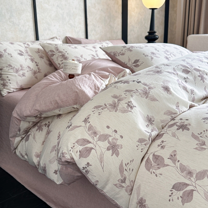 91家纺网 家纺一手货源 找家纺 麦田家纺 2025新款A类棉麻四件套系列 花间意境-红